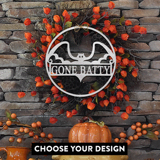 Halloween wreath with metal “Gone Batty” bat sign