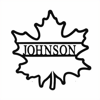 Custom maple leaf metal wall sign with “Johnson” design, fall door and mantel decoration