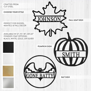 Custom fall and Halloween metal wall signs in leaf, pumpkin, and bat designs with personalization options