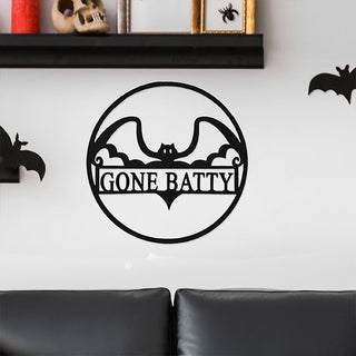 Black metal Halloween bat wall sign with “Gone Batty” design, modern spooky wall decor