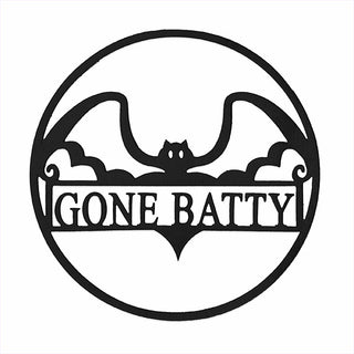 Black metal bat sign with “Gone Batty” design, Halloween wall decor accent