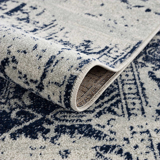 Roll of blue and white patterned rug