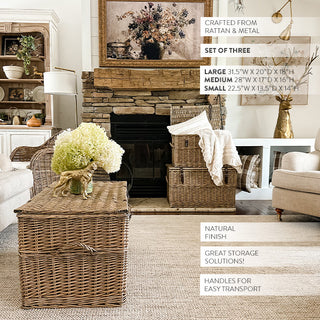 Oversized Rattan Storage Trunks with Handles, Set of 3