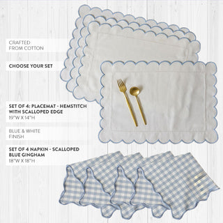 Scalloped Blue & White Table Linens Collection - Choose Your Style