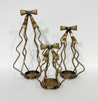 Metal Christmas Tree Candle Holders Set of 3 Graduated Bow Pillar Stands
