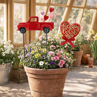 Valentine red truck and heart garden stakes outdoor decor