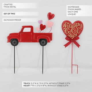 Metal Valentine garden stakes red truck heart sign set