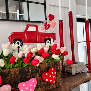 Red truck Valentine decor with tulips shelf styling