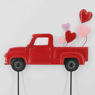Red truck with heart balloons metal garden stake decor