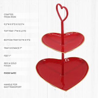 Red and gold heart-shaped two-tier serving tray dimensions