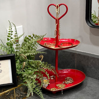 Heart-shaped red jewelry organizer two-tier display stand