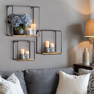Modern metal wood wall shelves with candles decor