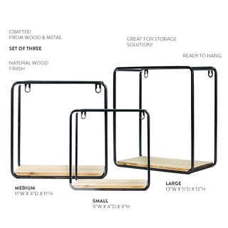 Metal Framed Floating Wood Shelf, Set of 3