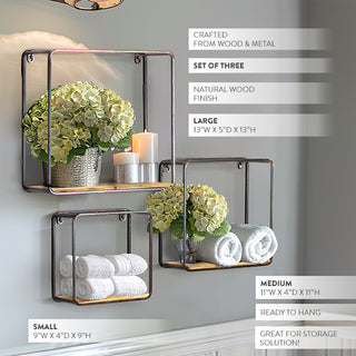 Wood and metal cube wall shelves set of three