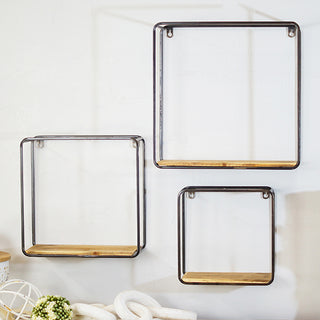 Minimalist metal frame wood wall shelves empty display