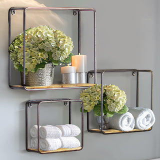 Decorative metal wood wall shelves with plants towels


