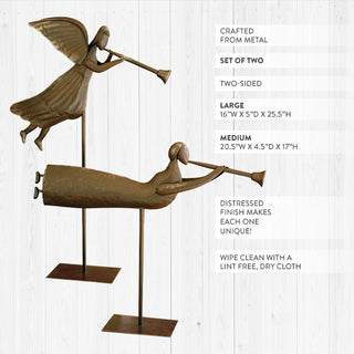 Set of two distressed metal angel trumpet figurines with product dimensions and care instructions on a white background