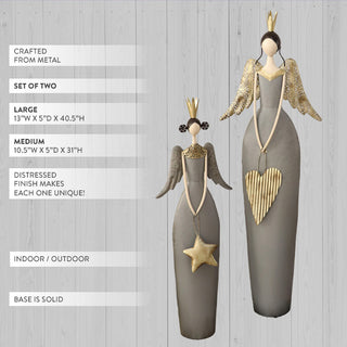 Two tall metal angel figurines set showing product specifications dimensions and distressed finish details