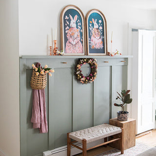 Victorian style bunny prints in pink floral gowns on teal background arch wall art