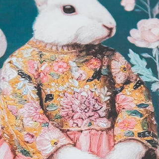Close-up detail of white rabbit in yellow floral dress vintage portrait style print