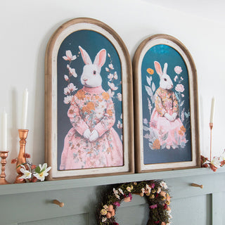 Double-sided bunny arch prints displayed on mantel farmhouse spring decor