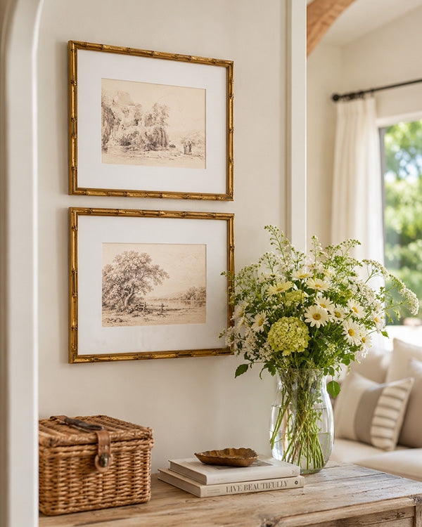 Landscape Framed Prints with Gold Bamboo Frames, Set of 2