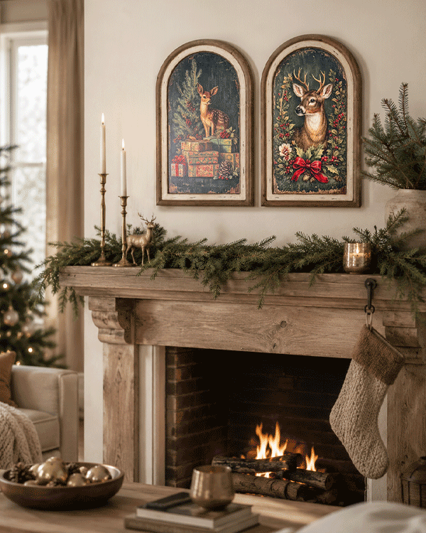 Double Sided Winter Holiday Wall Art Set with Arch Frame Option