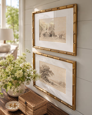 Landscape Framed Prints with Gold Bamboo Frames, Set of 2
