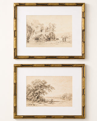 Landscape Framed Prints with Gold Bamboo Frames, Set of 2