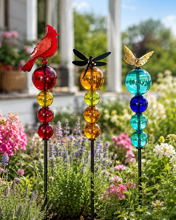 Glass Ball Garden Stakes with Metal Topper - Choose Your Style Set of 2