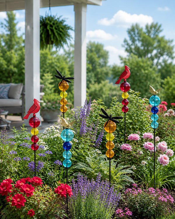 Glass Ball Garden Stakes with Metal Topper - Choose Your Style Set of 2