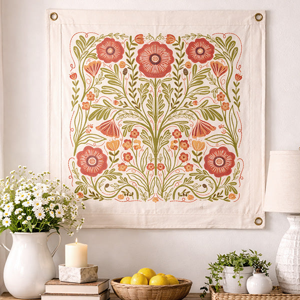 Floral wall hanging tapestry in neutral boho decor