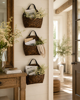 Oval Wall Mail Basket Brown Woven Gold Stud Accents