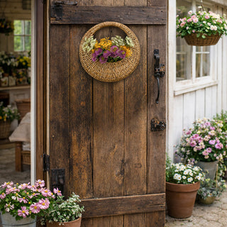 Rustic seagrass floral wall basket on wooden door