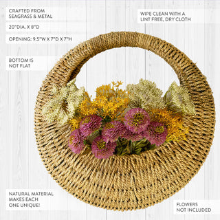 Round seagrass wall basket dimensions and material details