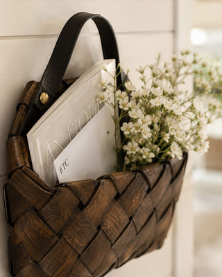 Oval Wall Mail Basket Brown Woven Gold Stud Accents
