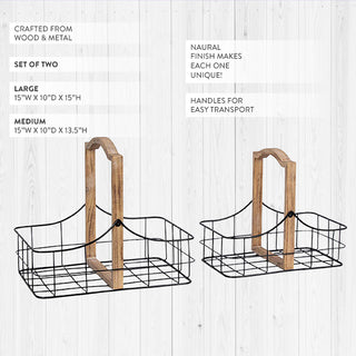 Wire Storage Baskets, Set of 2 - Black Farmhouse Metal Wood Handle Organizing Bins
