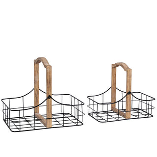 Wire Storage Baskets, Set of 2 - Black Farmhouse Metal Wood Handle Organizing Bins