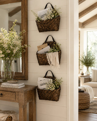 Oval Wall Mail Basket Brown Woven Gold Stud Accents
