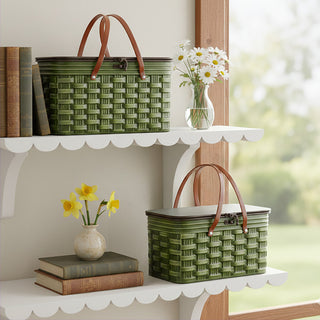 Green metal woven picnic basket set of 2 farmhouse décor