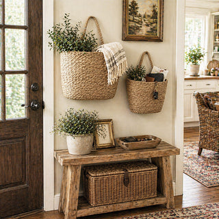  Two natural seagrass wall hanging baskets with rope handles mounted on white farmhouse entryway wall above wooden bench