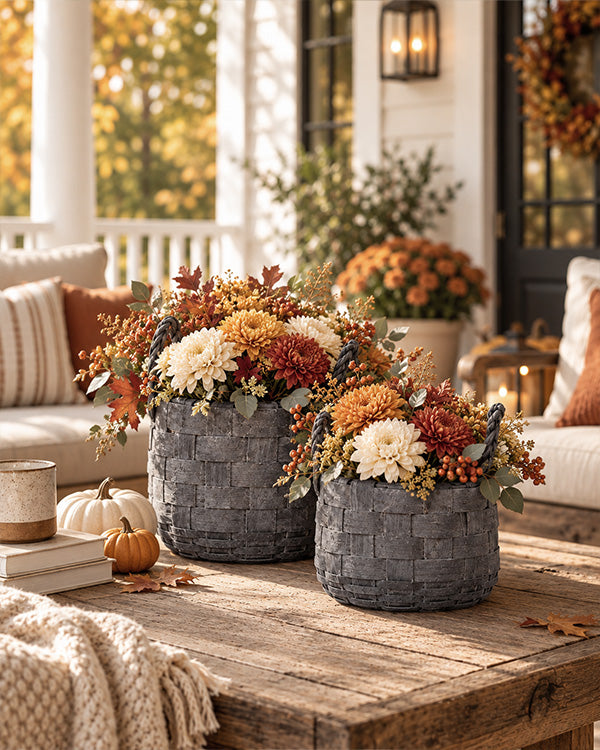 Rustic Gray Woven Basket with Rope Handles, Set of 2