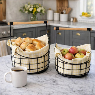 Set of 2 black metal wire storage baskets with natural wood handles farmhouse nesting organization in graduated sizes