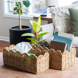 Two scalloped seagrass storage baskets with plant and books on coffee table ottoman