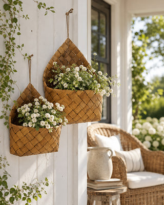 Natural Chipwood Hanging Wall Baskets with Jute Loops, Set of 2