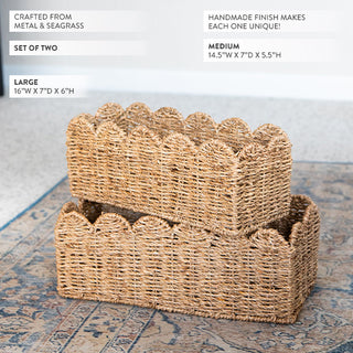 Natural woven seagrass baskets with decorative scalloped edge close-up detail