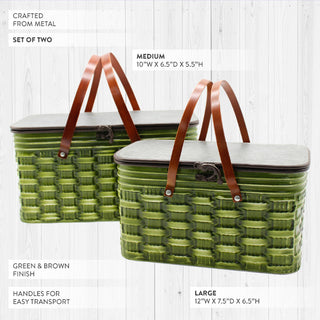 Vintage style green metal basket with leather handles spring storage