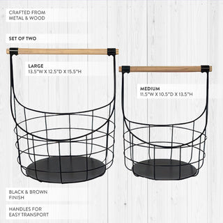 Set of 2 black metal wire storage baskets with natural wood handles farmhouse nesting organization in graduated sizes