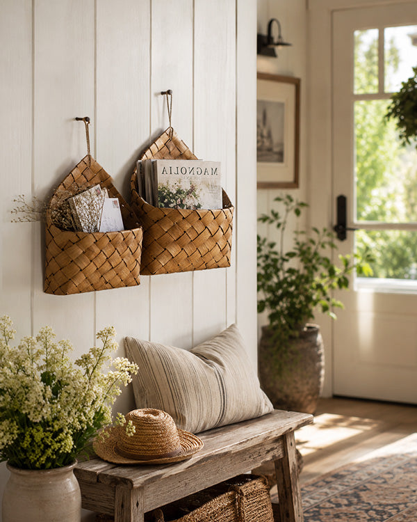 Natural Chipwood Hanging Wall Baskets with Jute Loops, Set of 2