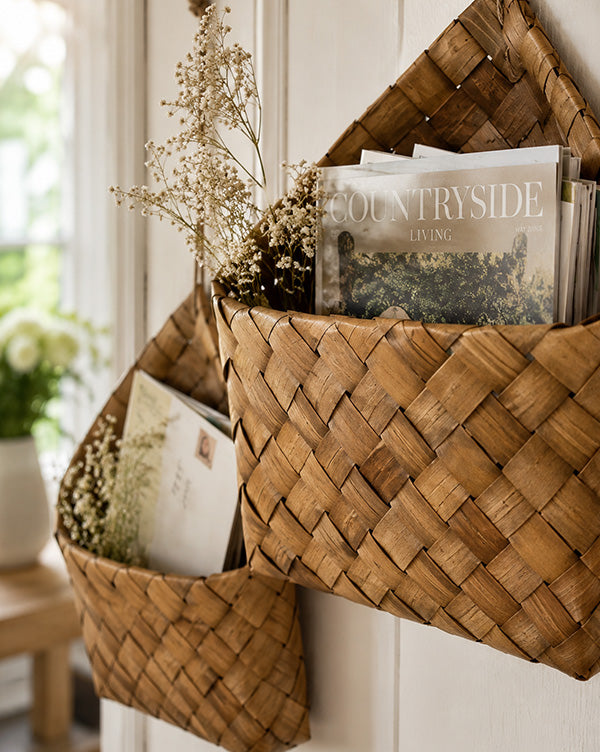 Natural Chipwood Hanging Wall Baskets with Jute Loops, Set of 2